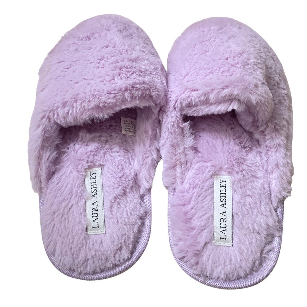 Laura Ashley Size S (5-6) Lavender Faux Fur Fuzzy Plush‎ Slippers Mules Slip-ons